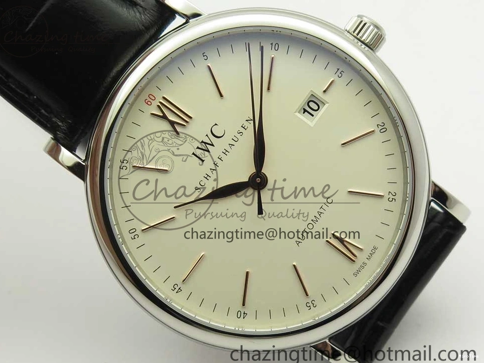 MIROTIME 0309 Portofino Automatic SS FKF 1:1 Best Edition White Dial RG Markers on Black Leather Strap A Stretchable 7141